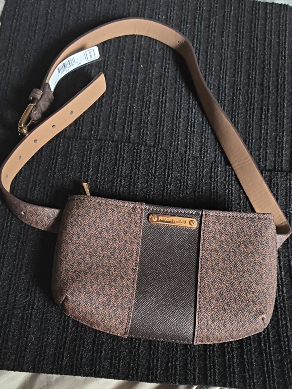 Michael Kors Brown Textured Crossbody Belt Bag with Gold Hardware